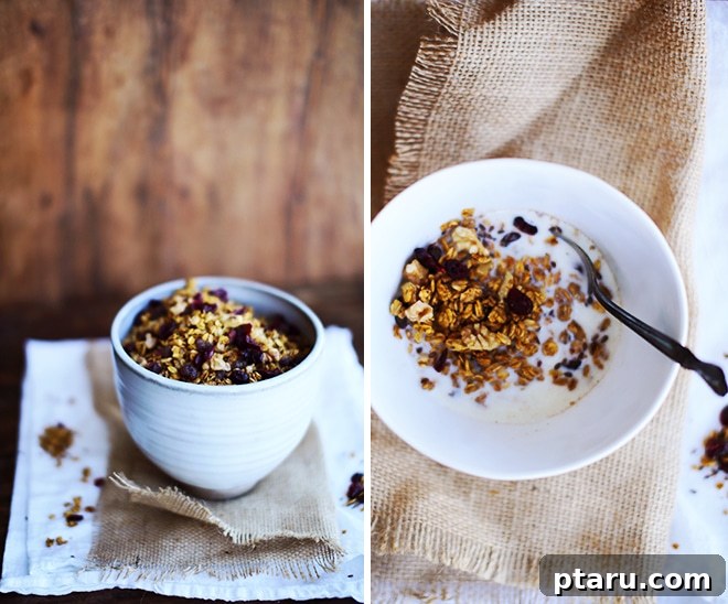 Golden Harvest Pumpkin Granola 4 A baking sheet filled with the unbaked pumpkin granola mixture, spread evenly in a single layer, showcasing oats, almonds, and flaxseeds coated in the rich pumpkin base.