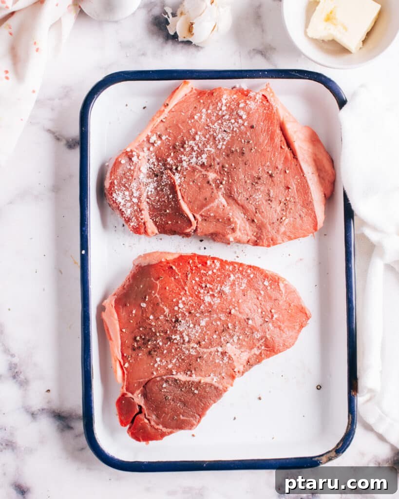 Meltingly Tender Instant Pot Steak with Rich Pan Sauce 6 Raw steak with salt and pepper.