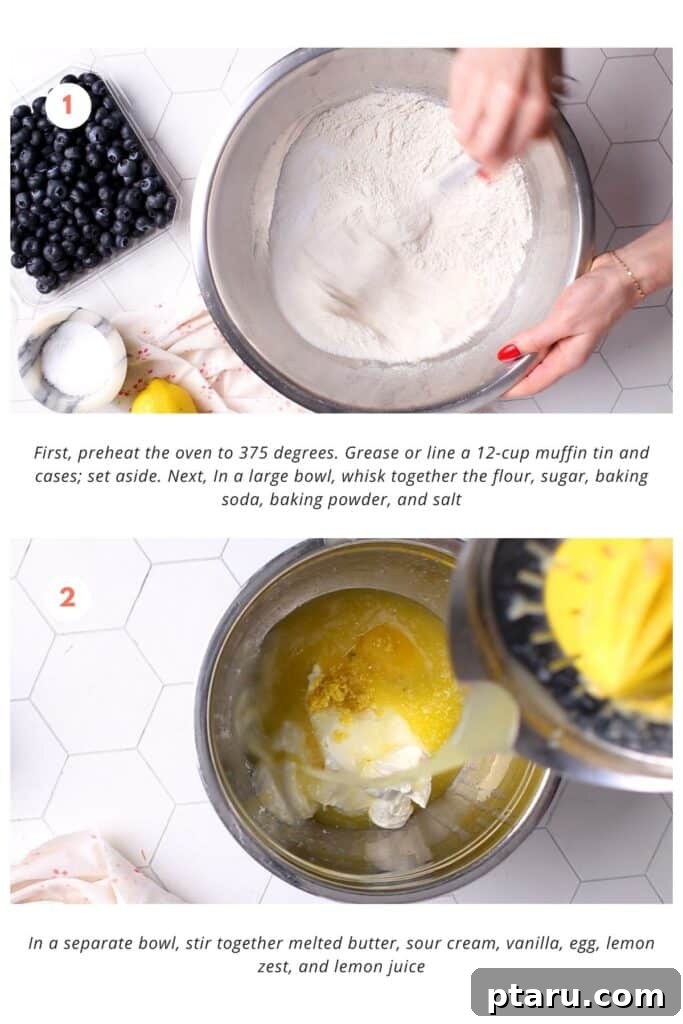 Creamy Lemon Blueberry Muffins 4 Two separate bowls on a kitchen counter: one contains dry muffin ingredients like flour, sugar, baking powder, baking soda, and salt; the other holds wet ingredients including melted butter, sour cream, vanilla, egg, lemon zest, and lemon juice, ready to be combined for the muffin batter.