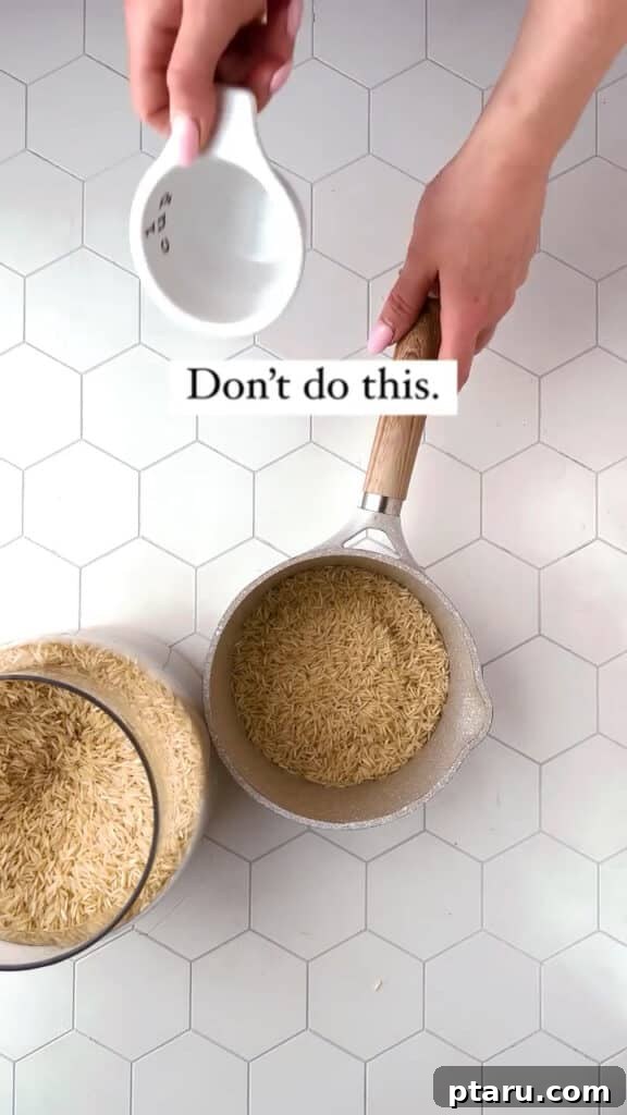 My Indian Mother-in-Laws Foolproof Basmati Rice 8 An overhead shot showing a small pot, with text indicating 'don't add rice in small pot', illustrating a common cooking mistake.