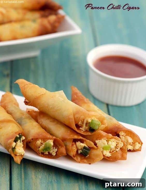Over 50 Irresistible Paneer Recipes 35 Paneer Chilli Cigars, golden and tempting.