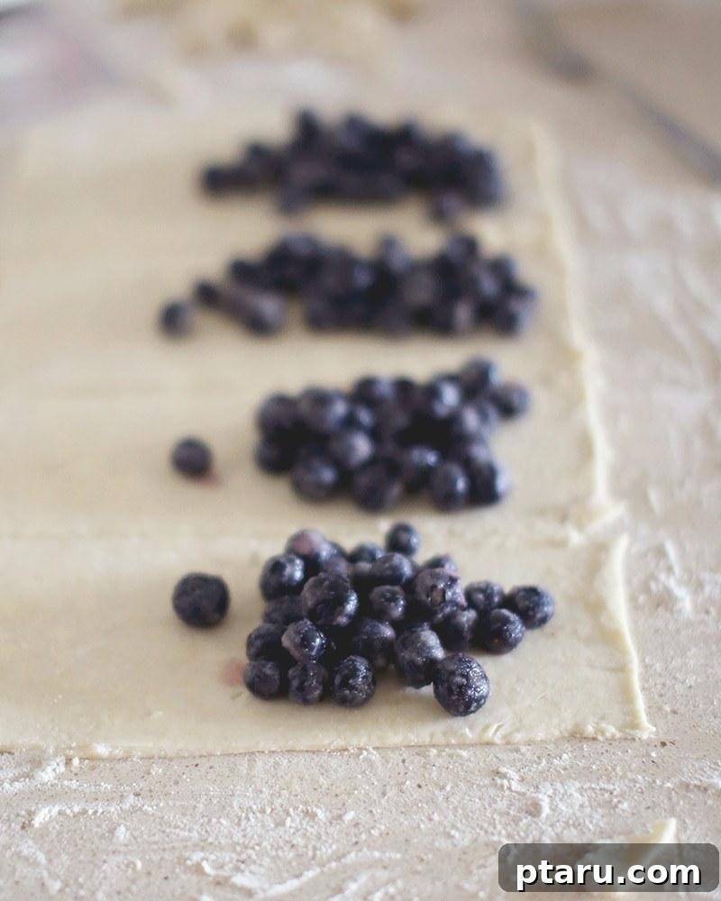 Homemade Blueberry Pocket Pies 3 A close-up of the rustic blueberry hand pies, showing the golden-brown crust and a peek of the blueberry filling.