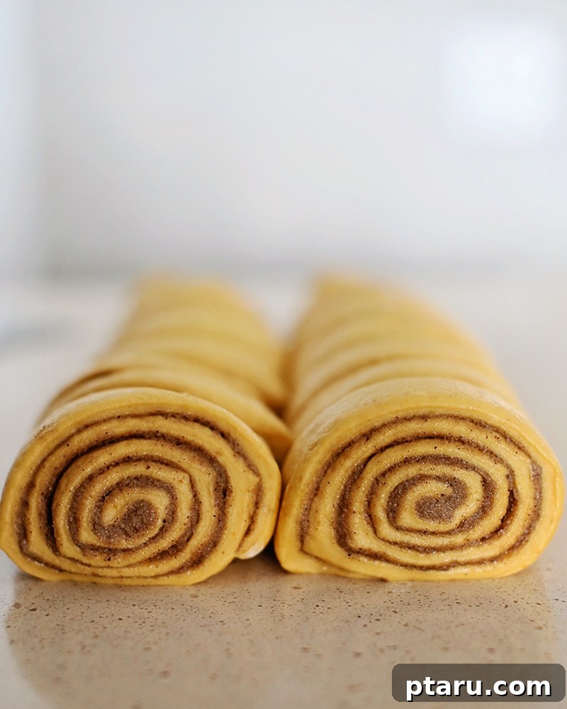 Pillowy Pumpkin Cinnamon Rolls Drenched in Cream Cheese Frosting 4 Unbaked pumpkin cinnamon rolls arranged in a baking pan, ready for their final rise.
