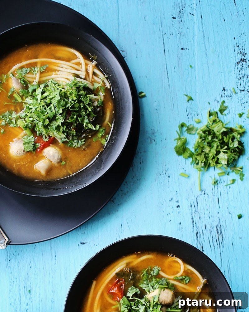 Spicy Tangy Thai Chicken Noodle Bowl 3 Close-up view of the rich, herbaceous broth of Tom Yum Chicken Noodle Soup, highlighting the key ingredients.