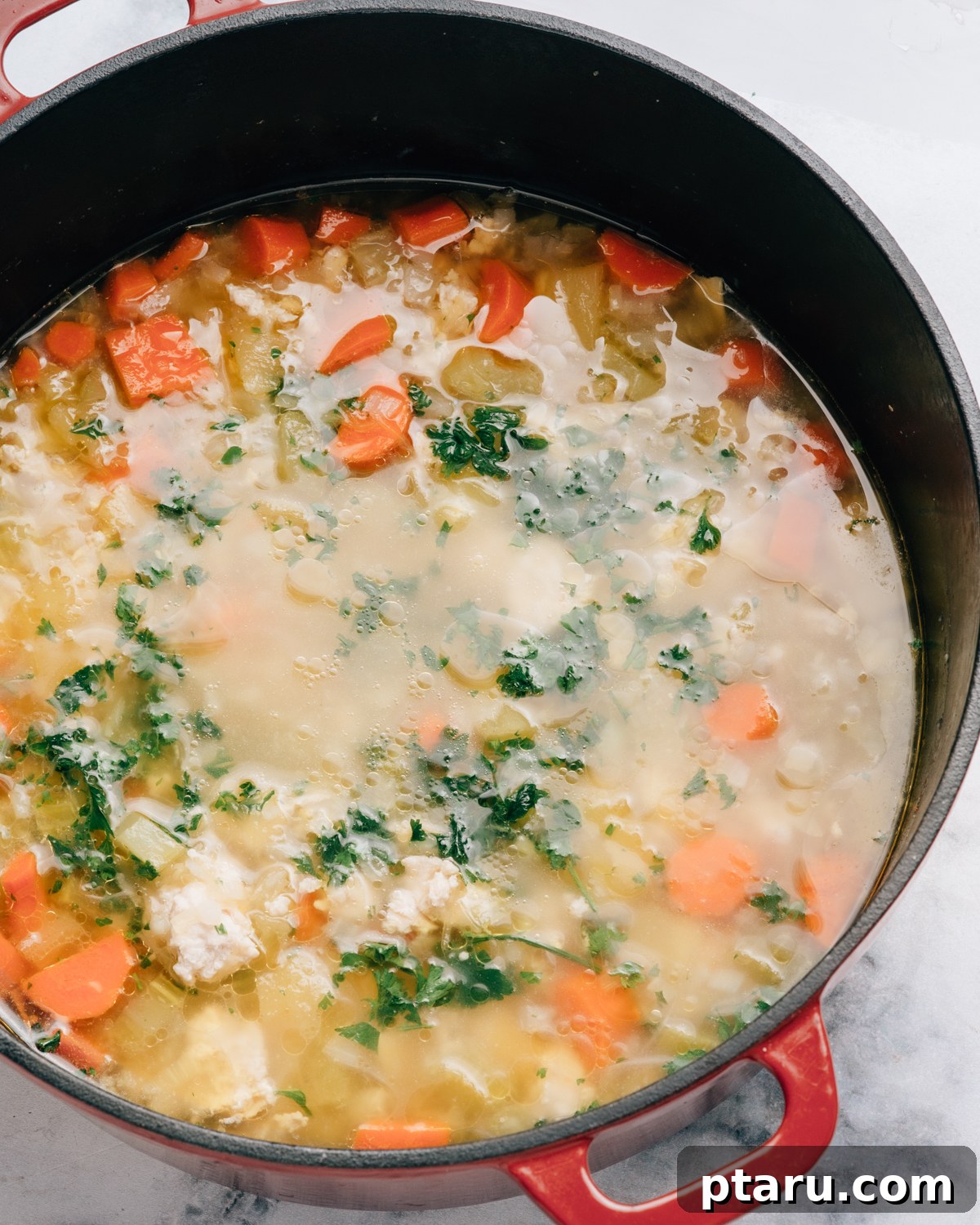 Comforting Chicken and Rice Soup 2 A steaming bowl of homemade chicken and rice soup, garnished with fresh parsley.