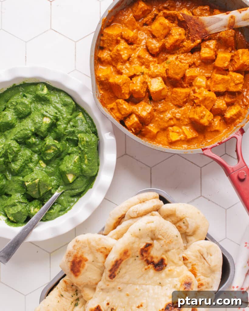 Creamy Spinach Paneer 3 Palak Paneer and Butter Paneer served with warm naan bread