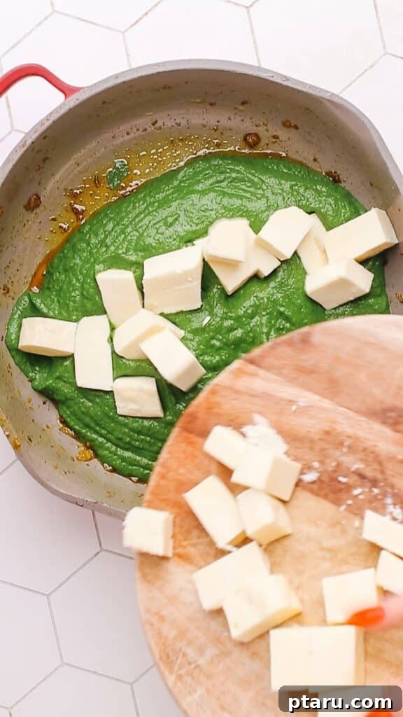 Creamy Spinach Paneer 9 Adding paneer cubes into the vibrant green Palak Paneer gravy