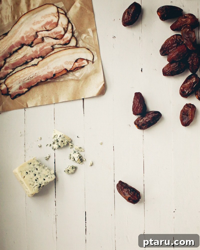 Heavenly Blue Cheese Bacon Dates 4 Delicious bacon-wrapped dates, glistening and ready to be served