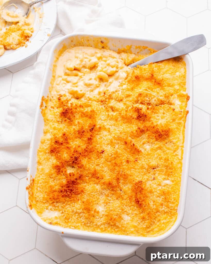 Cozy Winter Comfort: 33 Hearty Casserole Creations 13 Rich Baked Mac and Cheese with a serving spoon on top, ready to be enjoyed.