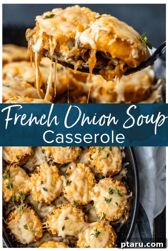 Cozy Winter Comfort: 33 Hearty Casserole Creations 26 Bubbling and golden French Onion Soup Casserole, topped with melted cheese.
