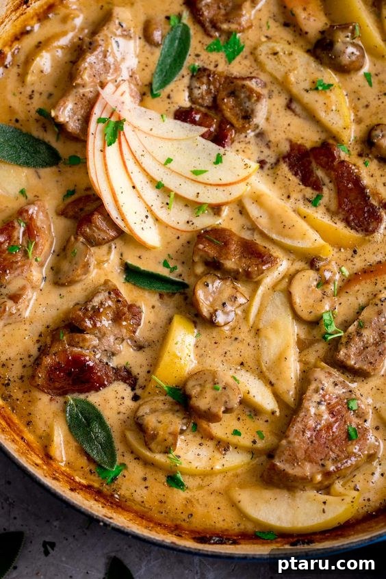 Cozy Winter Comfort: 33 Hearty Casserole Creations 30 Hearty Pork + Apple Casserole with a creamy sauce, ideal for chilly evenings.