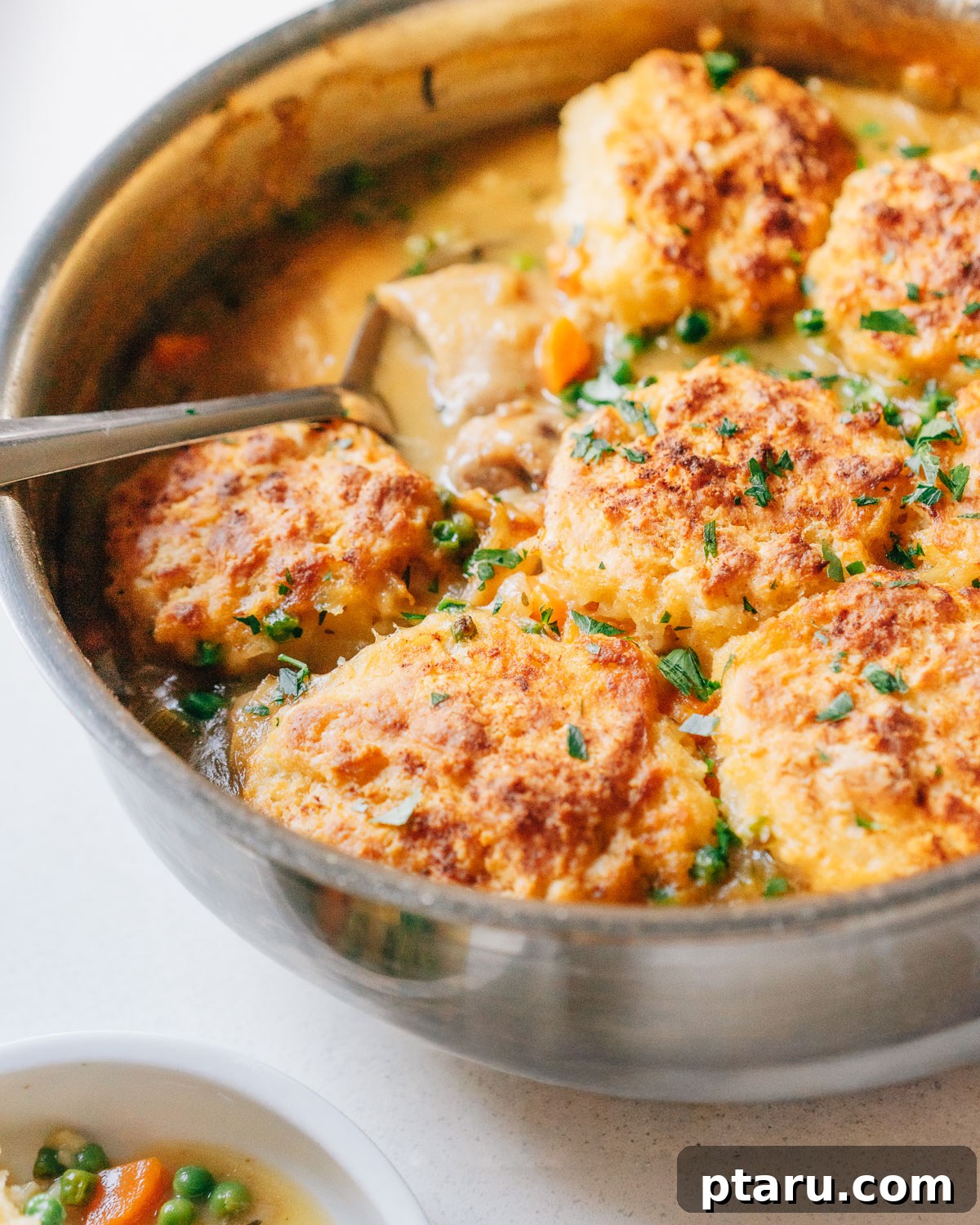 Cozy Winter Comfort: 33 Hearty Casserole Creations 9 Homestyle Chicken Stew with golden Biscuit Topping, a comforting casserole.