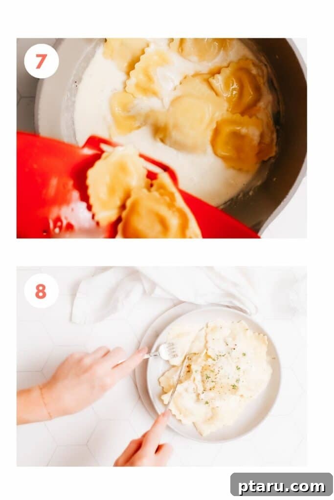 The Perfect Cook Time for Fresh Ravioli 4 Steps 7 and 8 for making lobster ravioli sauce, showing ingredients simmering in a pan.