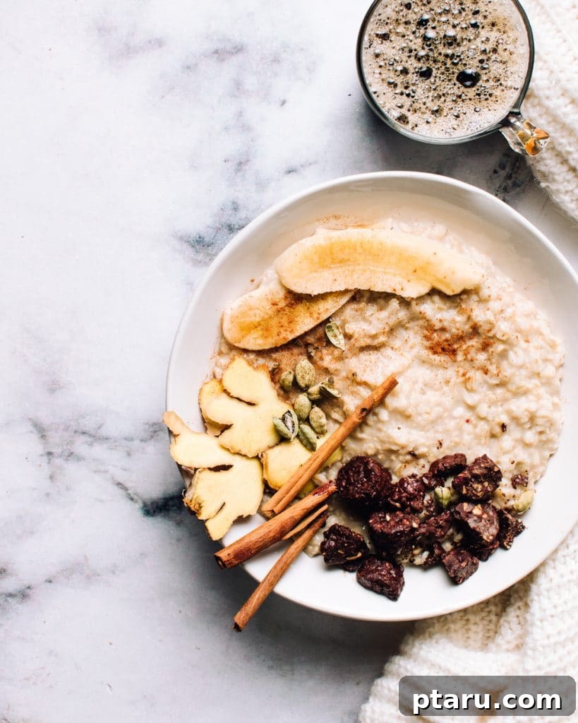 Brew Your Own Rich Chai Concentrate for Incredible Lattes 10 A bowl of chai-infused oatmeal topped with fruit and nuts.