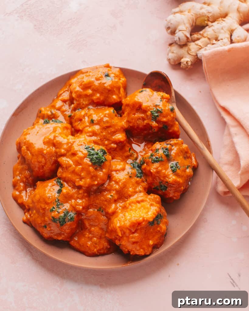 Irresistible Indian Dinners, Made Simple 13 Malai Kofta, soft paneer and potato balls in a creamy sauce, served on a plate.