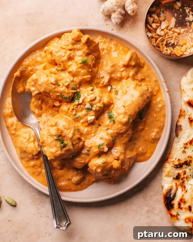 Irresistible Indian Dinners, Made Simple 3 Rich and creamy Chicken Korma served on a plate.