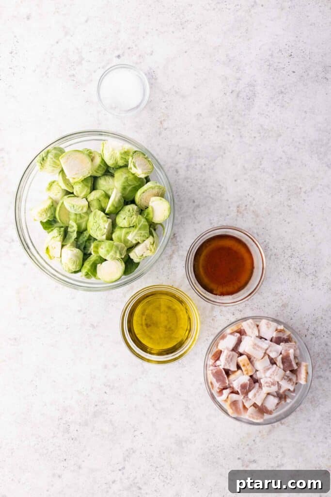Caramelized Maple Bacon Brussels Sprouts 3 Key ingredients: brussel sprouts, maple syrup, olive oil and bacon
