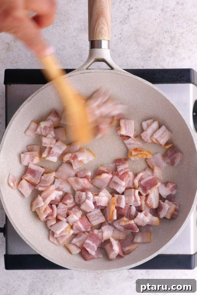 Caramelized Maple Bacon Brussels Sprouts 5 Partially cook the bacon in a frying pan.