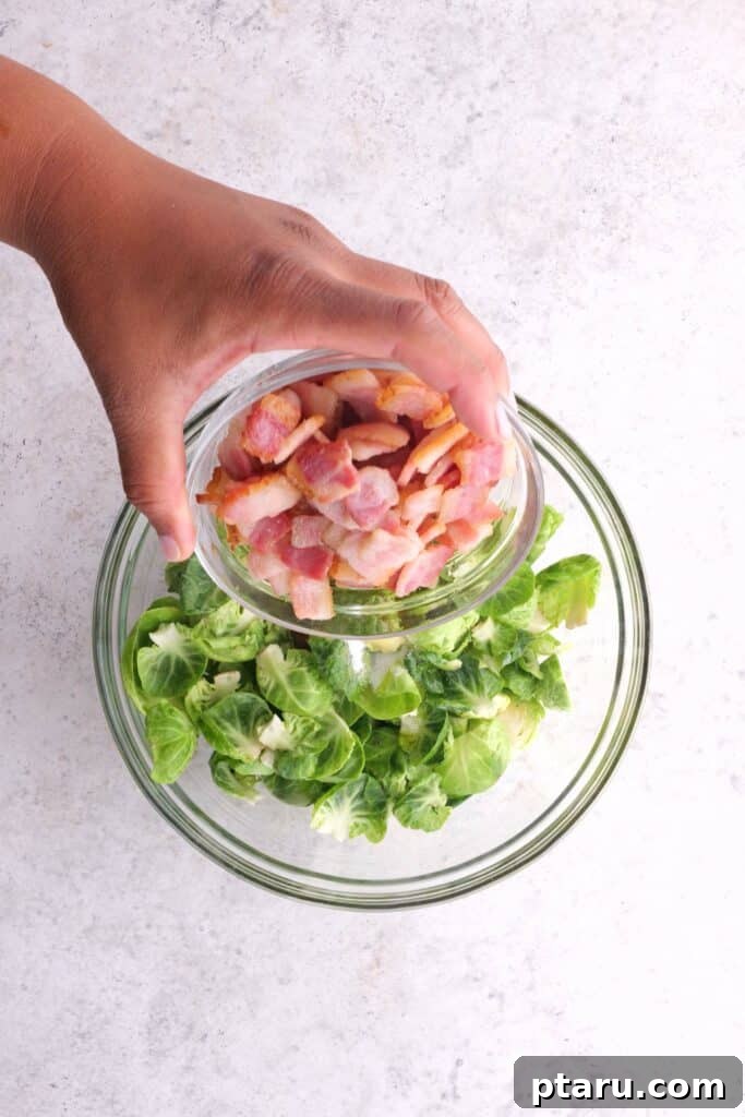 Caramelized Maple Bacon Brussels Sprouts 6 Mixing the ingredients into the bowl.