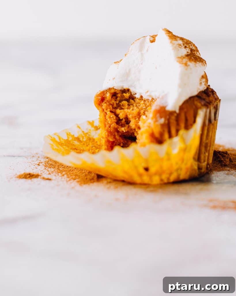 Golden Torched Marshmallow Sweet Potato Cupcakes 3 A sweet potato cupcake with a bite taken out, showing the moist interior and fluffy frosting.