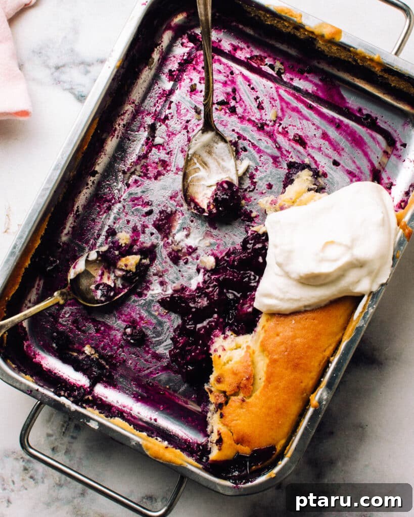 Luscious Blueberry Pudding Cake 3 A warm blueberry pudding cake in a pan with serving spoons, ready to be enjoyed.