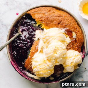 Luscious Blueberry Pudding Cake 5 Blueberry pudding cake in a cake pan with ice cream.