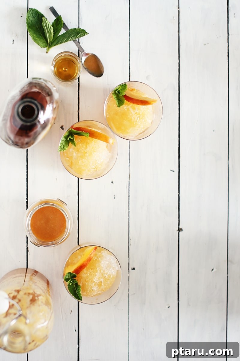 Homemade Peach Snow Cone Delight 3 Essential ingredients for peach shaved ice laid out on a kitchen counter, highlighting fresh peaches and lemons.