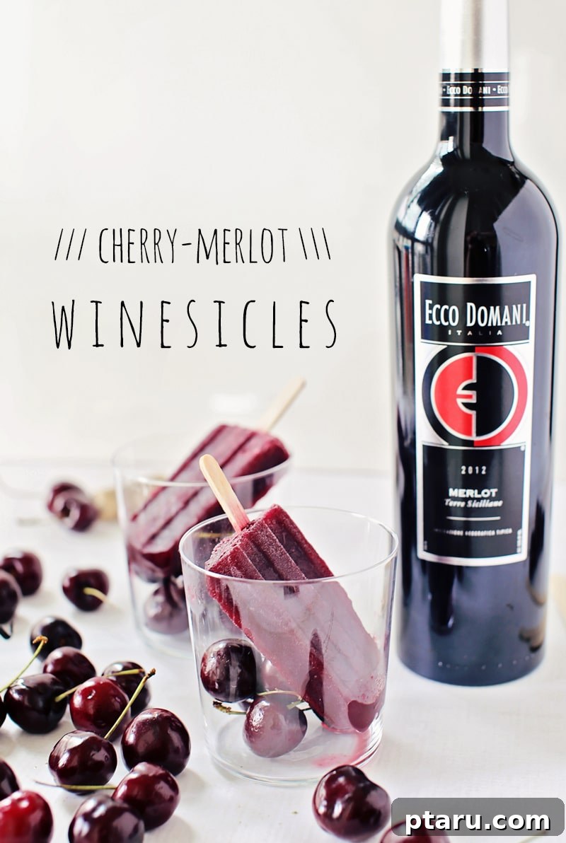 Winesicles Just Three Ingredients 5 Three cherry Merlot winesicles standing upright in molds with popsicle sticks, ready for freezing.