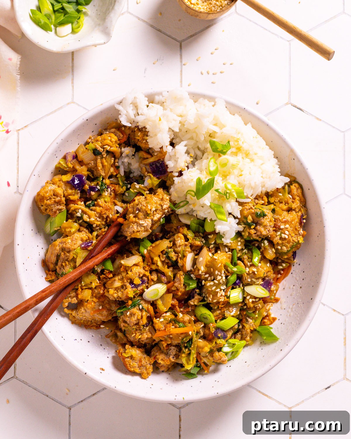 Fast and Healthy Ground Chicken Meals 4 Egg Roll in bowl recipe with rice and chopsticks.