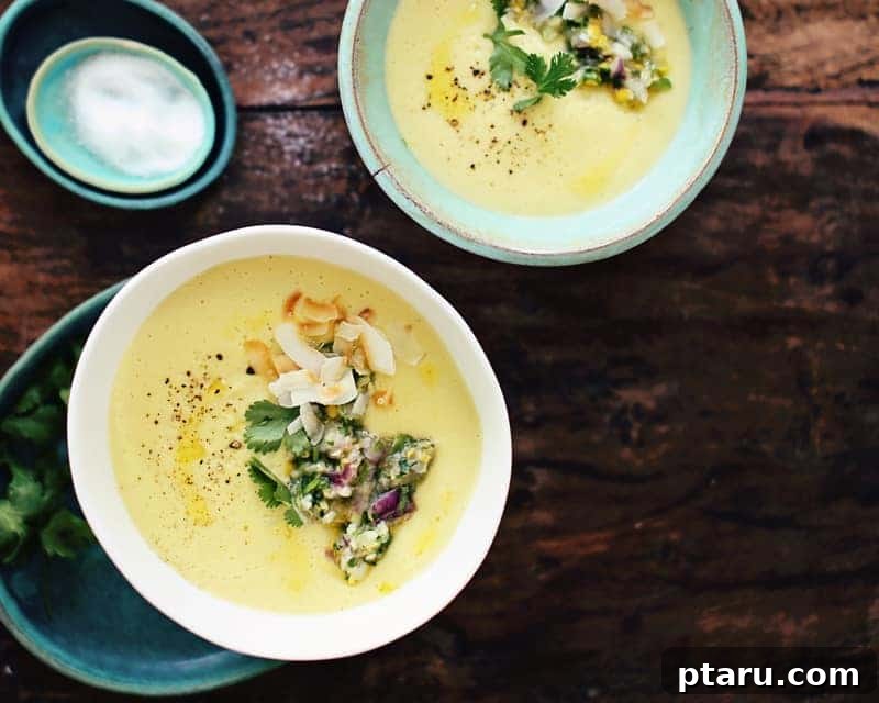 Creamy Coconut Corn Chowder 2 A beautifully garnished bowl of silky Coconut Corn Soup with fresh salsa