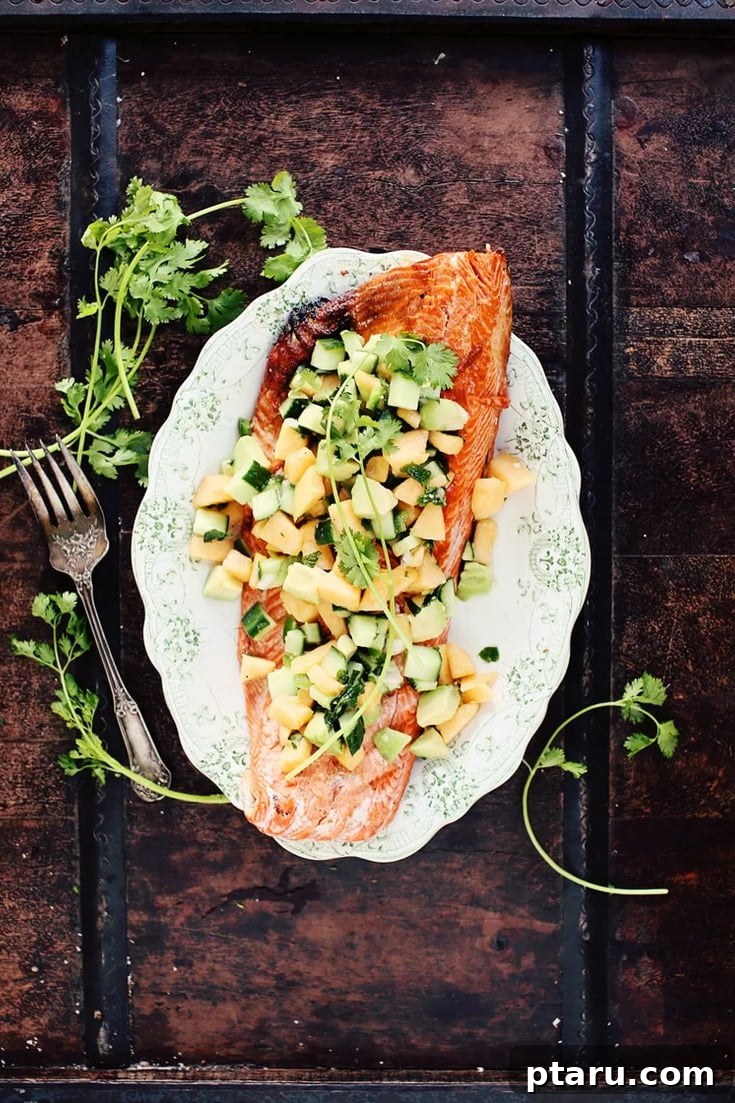 Grilled Salmon with Vibrant Avocado, Melon & Cucumber Salsa 4 Here's an easy, healthy, and very tasty Grilled Salmon recipe with a summery and creamy Avocado-Melon Salsa that will blow you away! You're one click away from getting this simple, perfect weeknight meal to make when you're cooking light at home!