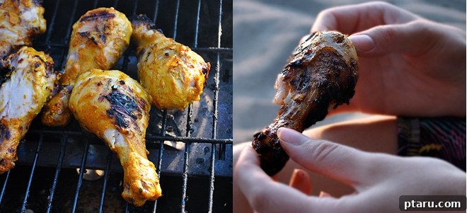 Grilled to Perfection: Indian Spiced Chicken Perfectly grilled Indian spiced chicken pieces served on a plate, garnished and ready to eat.