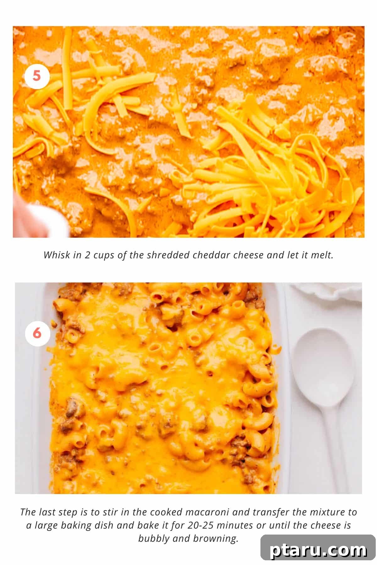 No-Fuss Cheeseburger Dinner 6 Add cheddar cheese and bake. A casserole dish topped with grated cheddar cheese, ready for the oven.