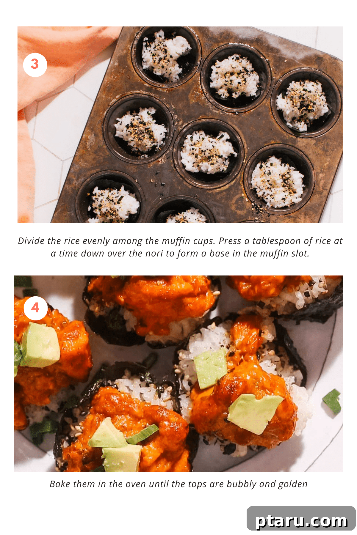 Baked Salmon Sushi Cups 5 Mixing flaked salmon with mayonnaise, sriracha, and soy sauce in a bowl to create the sushi topping.