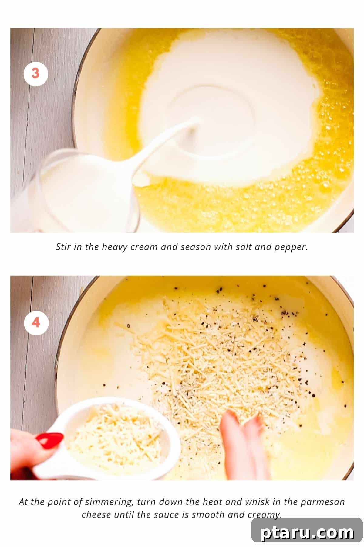 The Easy Penne Alfredo You'll Make Every Week 5 Adding heavy cream to butter and garlic, seasoning with salt and pepper.