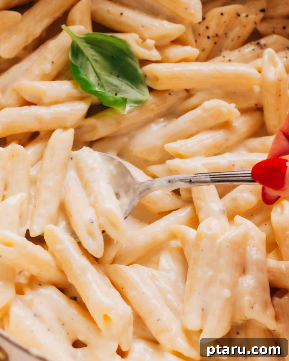 The Easy Penne Alfredo You'll Make Every Week 8 Delicious penne alfredo served with a spoon, ready to eat.