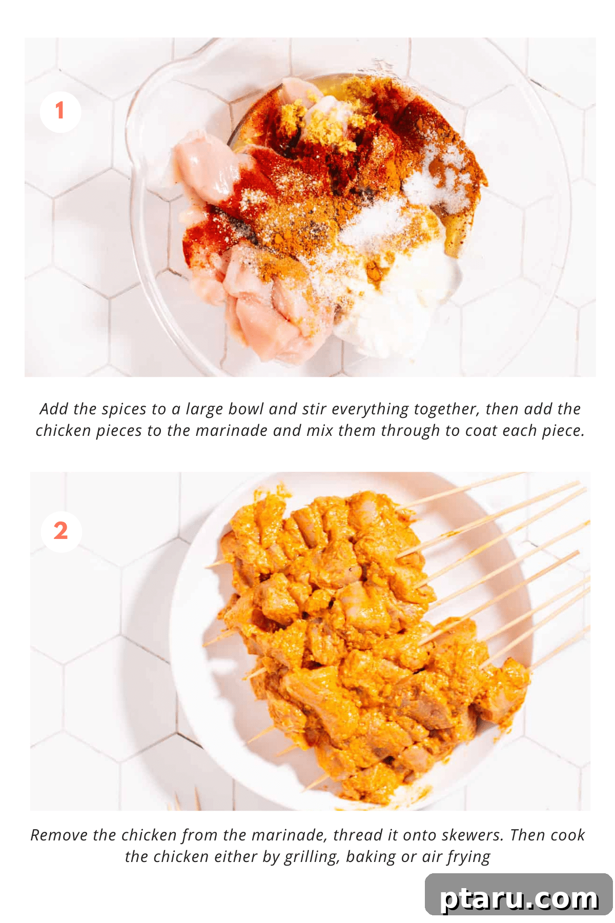 The Best Chicken Tikka Recipe For Grill Oven Or Air Fryer 4 Sequential steps for making chicken tikka, from mixing the marinade ingredients to skewering the marinated chicken pieces.
