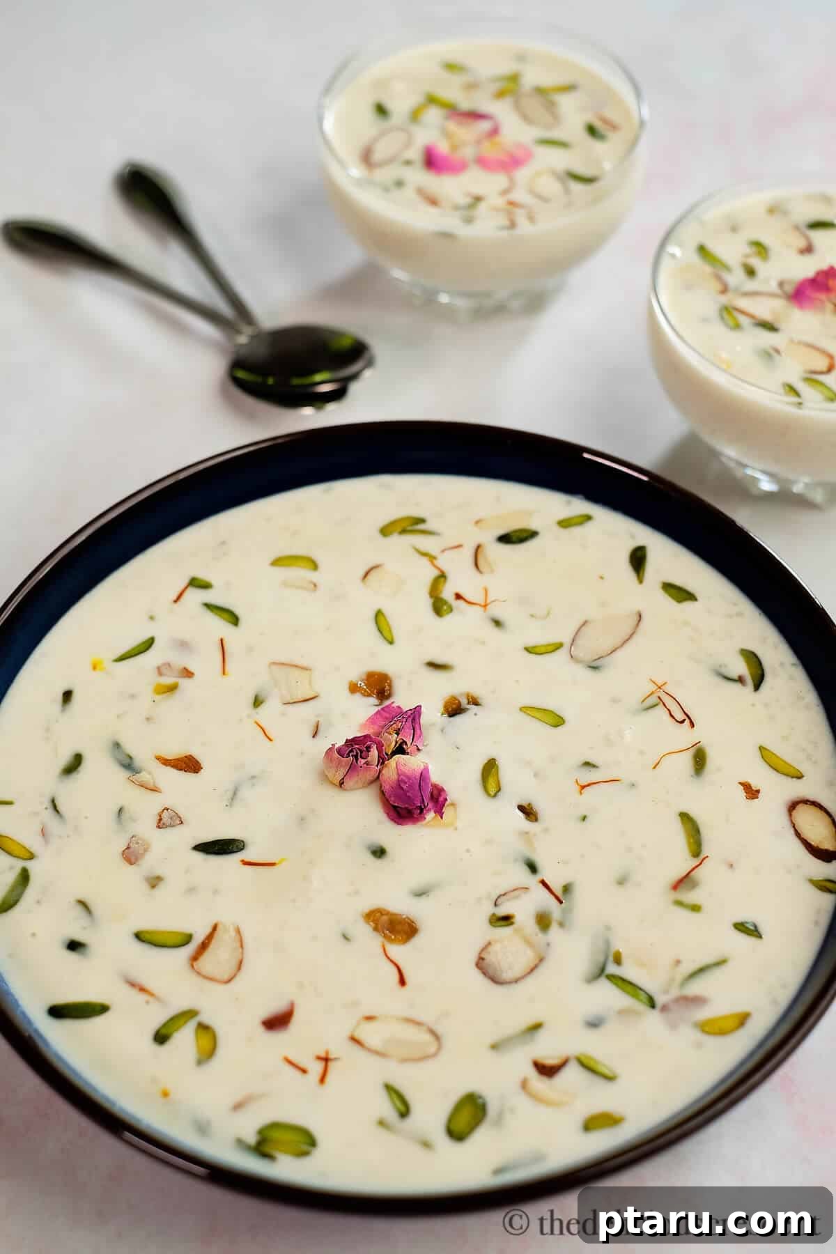 Easy Indian Desserts and Sweets: Crowd-Pleasing Showstoppers 22 A serving of Kheer, the beloved Indian rice pudding, garnished with nuts and saffron.