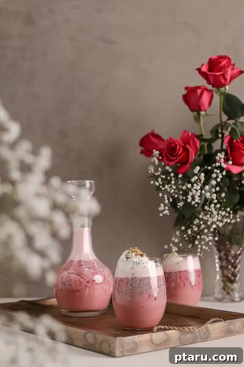 Easy Indian Desserts and Sweets: Crowd-Pleasing Showstoppers 24 A tall glass of Vegan Rose Falooda, a layered dessert drink with basil seeds, coconut, oats, and pistachios.
