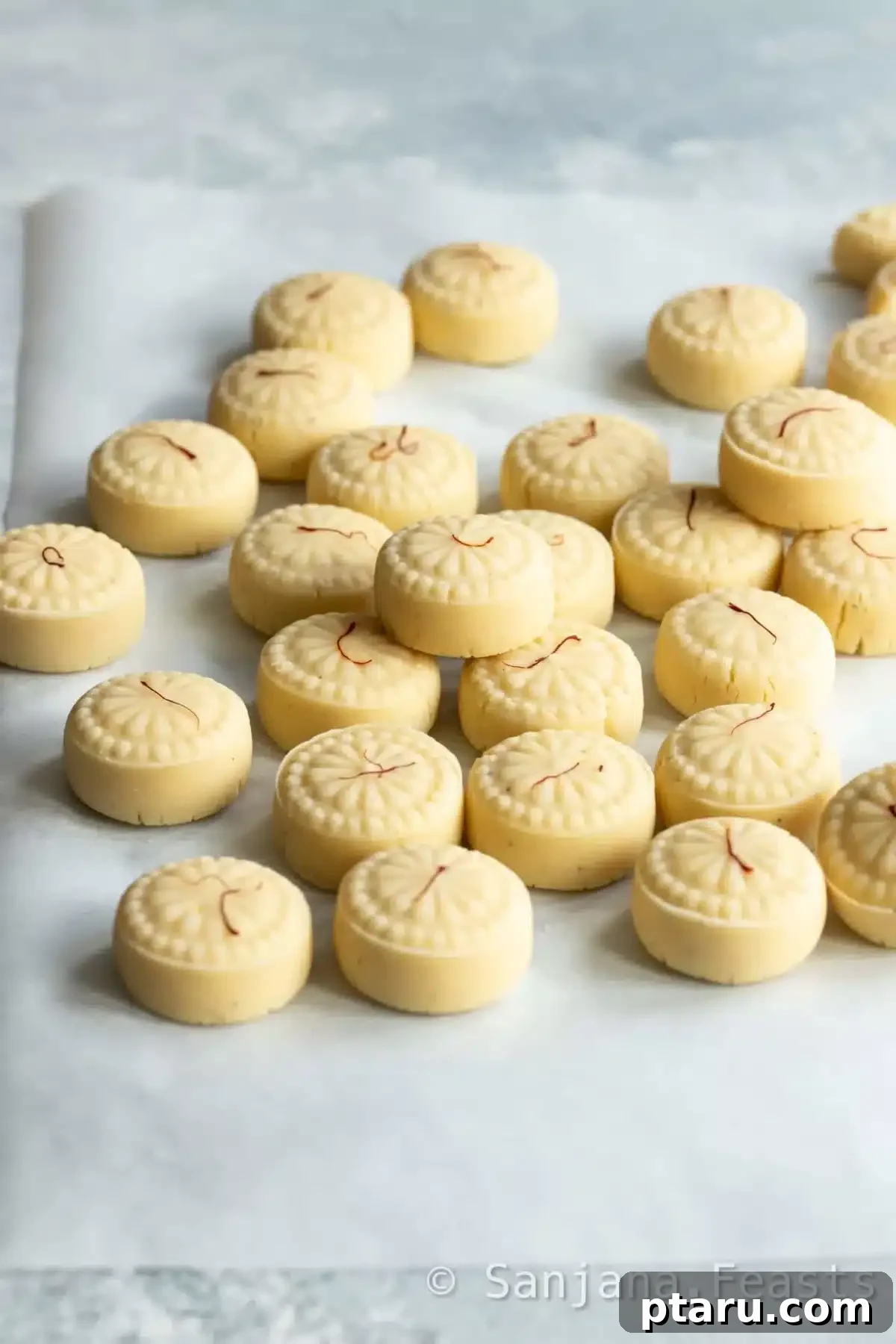 Easy Indian Desserts and Sweets: Crowd-Pleasing Showstoppers 25 Round, fudge-like Peda sweets, garnished with nuts and infused with cardamom.