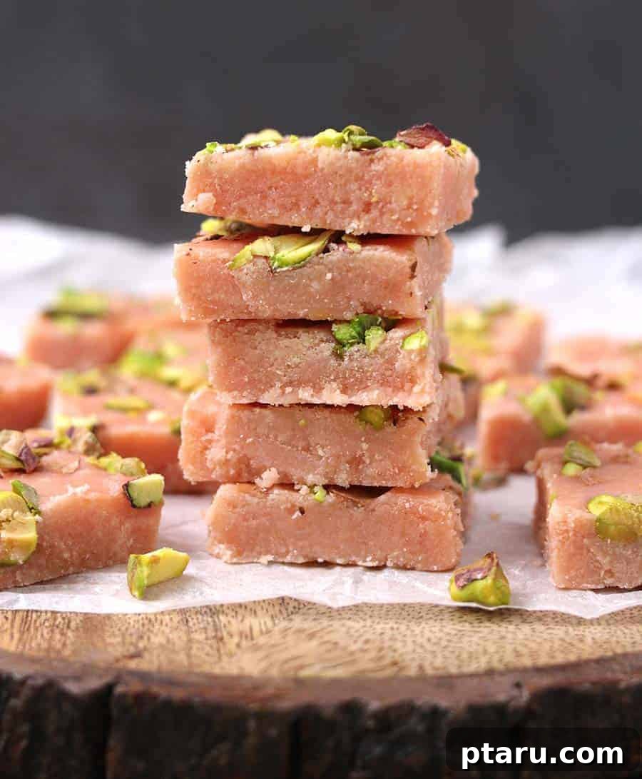 Easy Indian Desserts and Sweets: Crowd-Pleasing Showstoppers 27 Squishy, fragrant Indian Fudge, also known as Rose Barfi, with a beautiful pink hue.