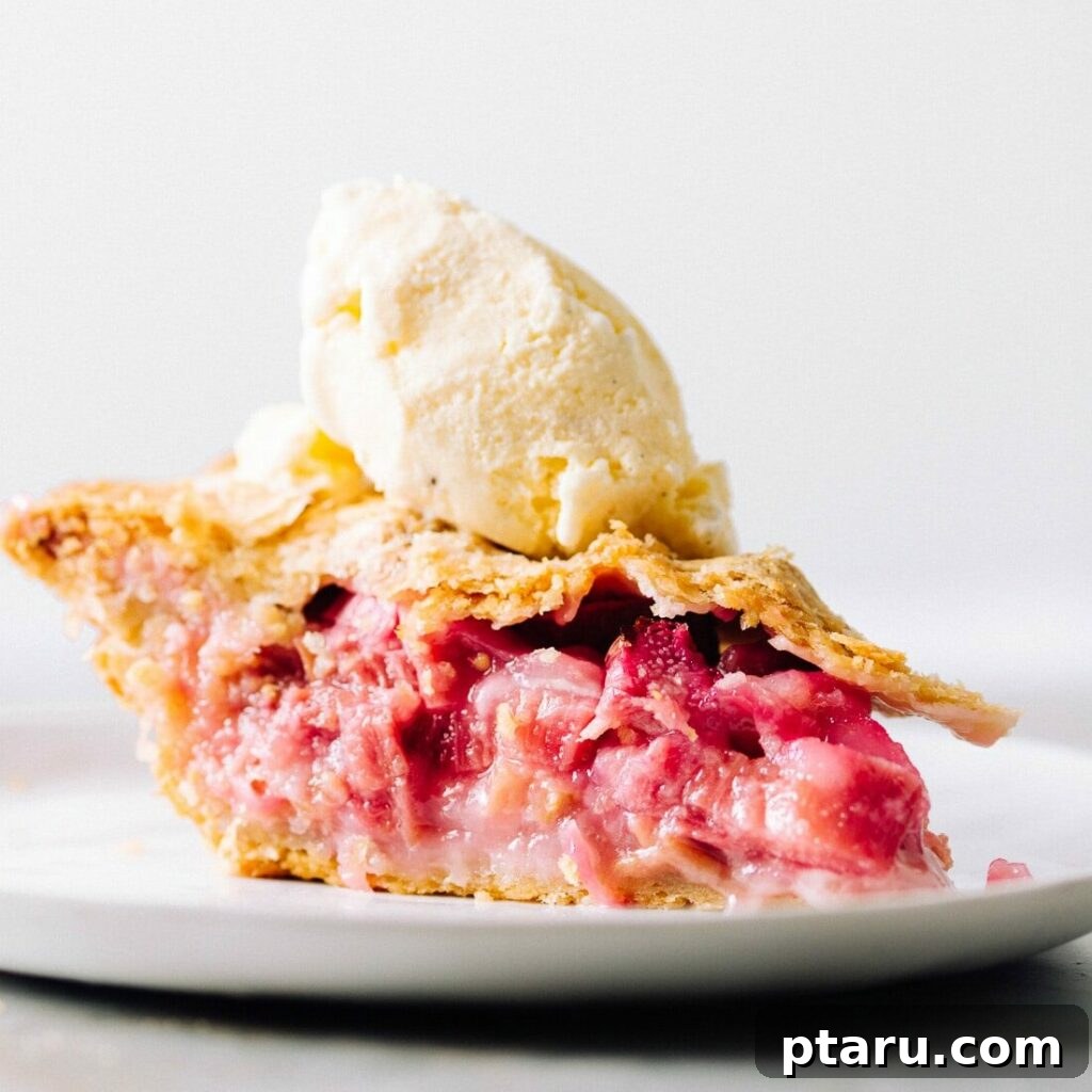 Favorite Easy Rhubarb Recipes You'll Make Forever 5 A generous slice of strawberry rhubarb pie served with a scoop of ice cream.
