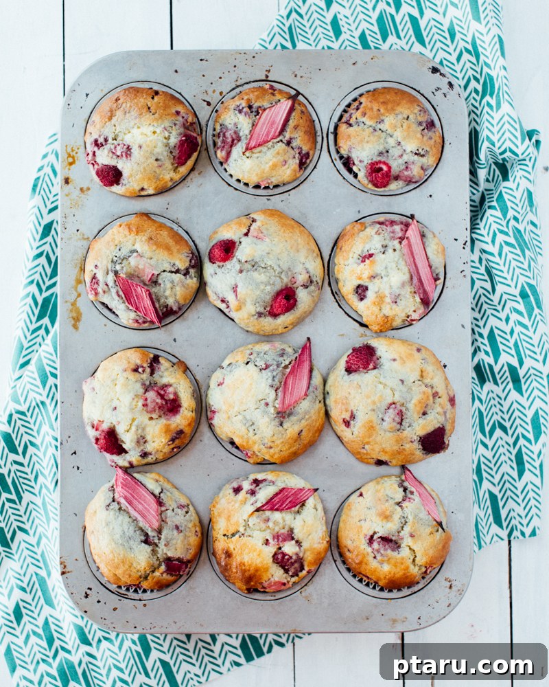 Favorite Easy Rhubarb Recipes You'll Make Forever 10 Fluffy Raspberry Rhubarb Muffins displayed on a wooden board.
