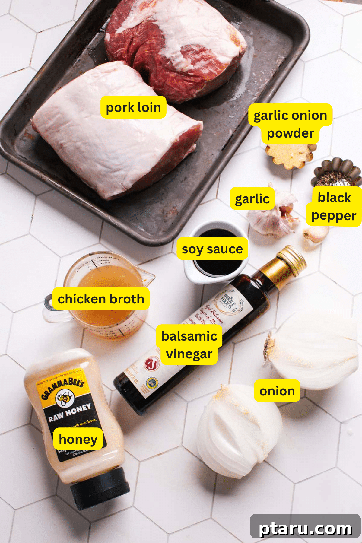 Fork Tender Slow Cooker Pork Loin 3 Fresh ingredients for Slow Cooker Pork Loin laid out on a table.