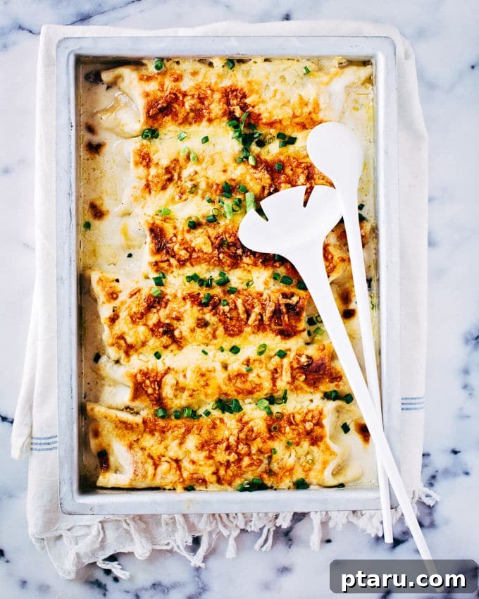 Creamy White Chicken Enchiladas 5 Close-up of an assembled enchilada, perfectly rolled and placed in a baking dish with other enchiladas, ready for sauce and cheese