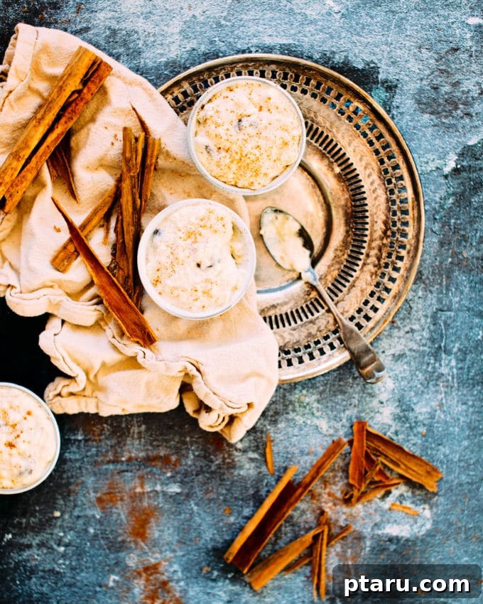 Warm Cinnamon Raisin Comfort 4 A close-up shot of the creamy rice pudding with plump raisins, ready to be served.