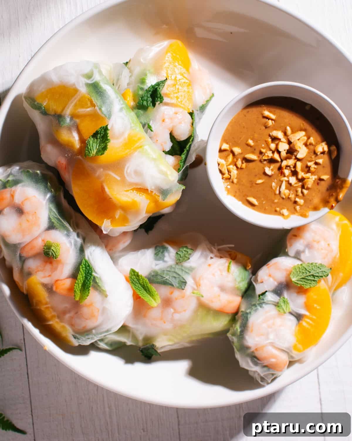 Fresh and Easy Homemade Spring Rolls 7 Close-up of fresh spring rolls with visible shrimp and herbs, served with peanut sauce.