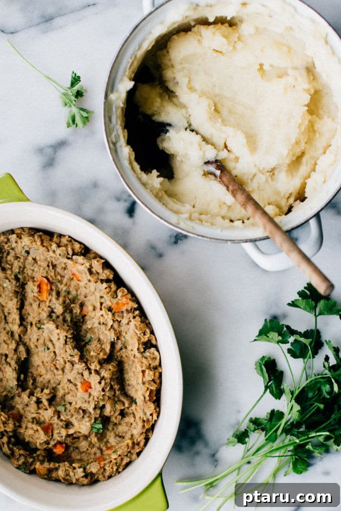 Hearty Lentil Shepherd's Pie 3 The distinct layered components of vegetarian shepherd's pie before baking: a rich and savory lentil and vegetable base forms the bottom layer, perfectly topped with a smooth, fluffy mound of mashed potatoes, ready for the oven.