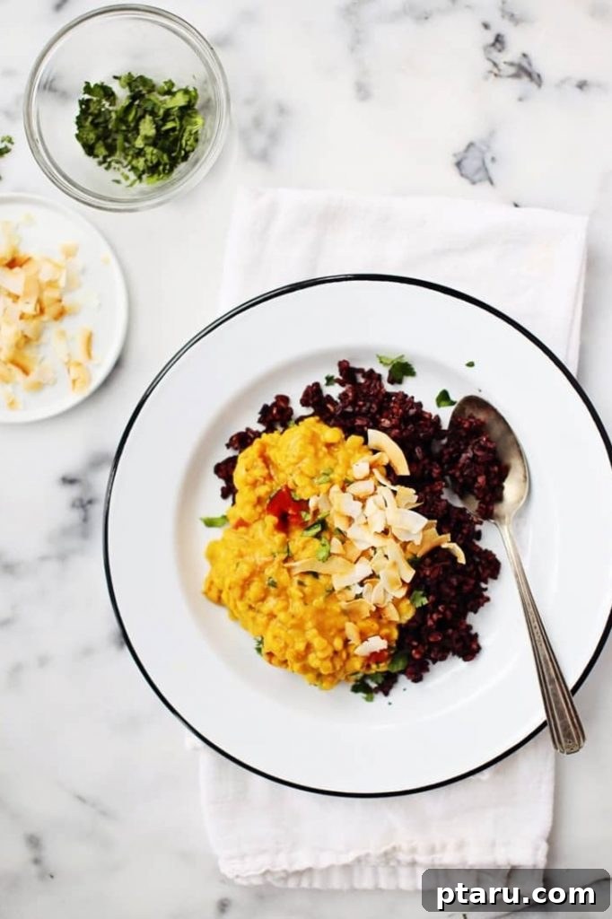 Vibrant Indian Vegetarian Dinner Ideas 5 This delicious Indian-style Coconut Curried Lentils recipe makes a hearty, comforting dinner with left overs that last all week! A wonderful vegetarian lentil recipe for Meatless Monday that's healthy and easy to make.