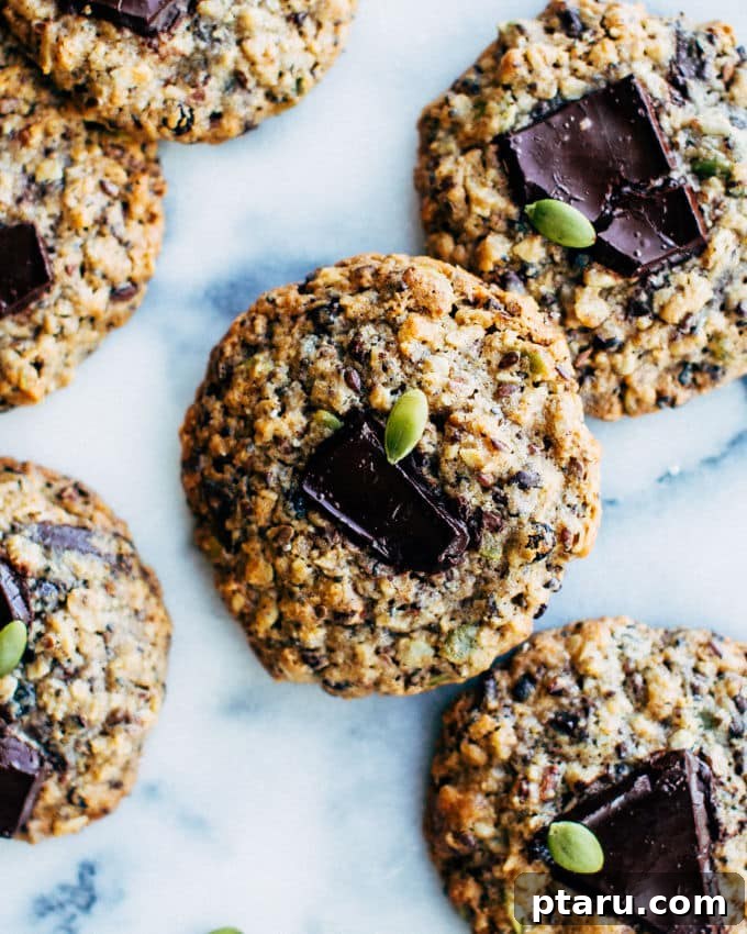 Wholesome Currant and Seed Cookies 2 Freshly baked wholesome seed and currant cookies on a cooling rack, glistening with chocolate chunks.